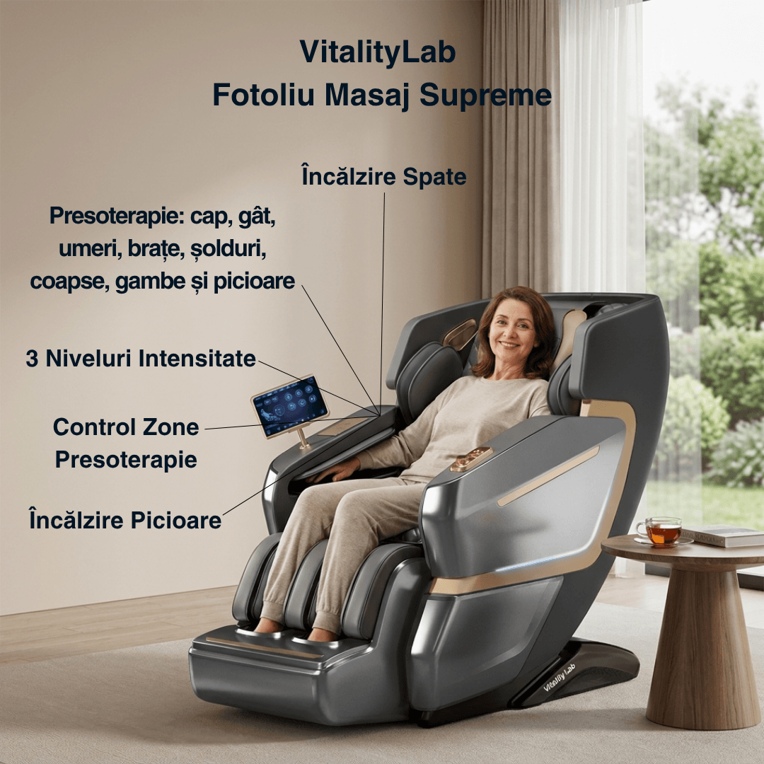 Fotoliu masaj Supreme Vitality Lab, scaun masaj 3D+, sina SL 135 cm, 20 programe automate, 20 tehnici manuale, 3 pozitii Zero Gravity, masaj terapeutic, reflexoterapie, incalzire, drenaj limfatic, ioni negativi, Health Monitor, Bluetooth