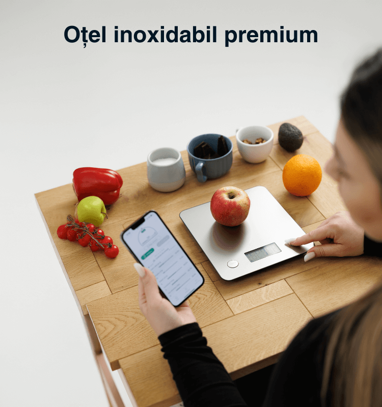 Cântar bucătărie inteligent Vitality Lab™ Nutri Steel – 24 indici nutriționali, calorii, aplicație iOS/Android, inox, Apple Health, Fitbit