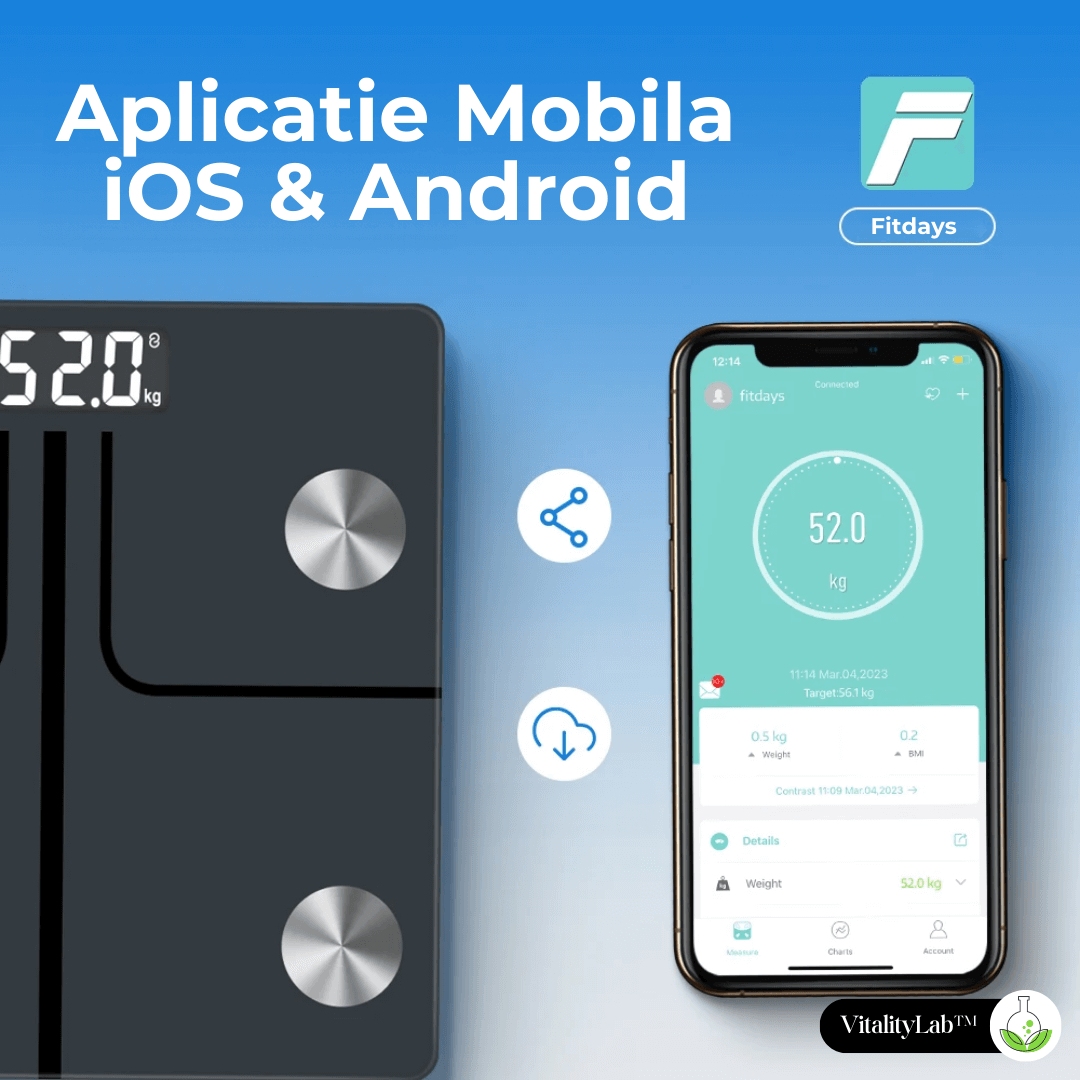 Cântar corporal inteligent Vitality Lab Smart, 14 indici corporali, 4 senzori analiză, calculator indice masă corporală, raport evoluție utilizator, număr de utilizatori nelimitat, integrare iOS/Android