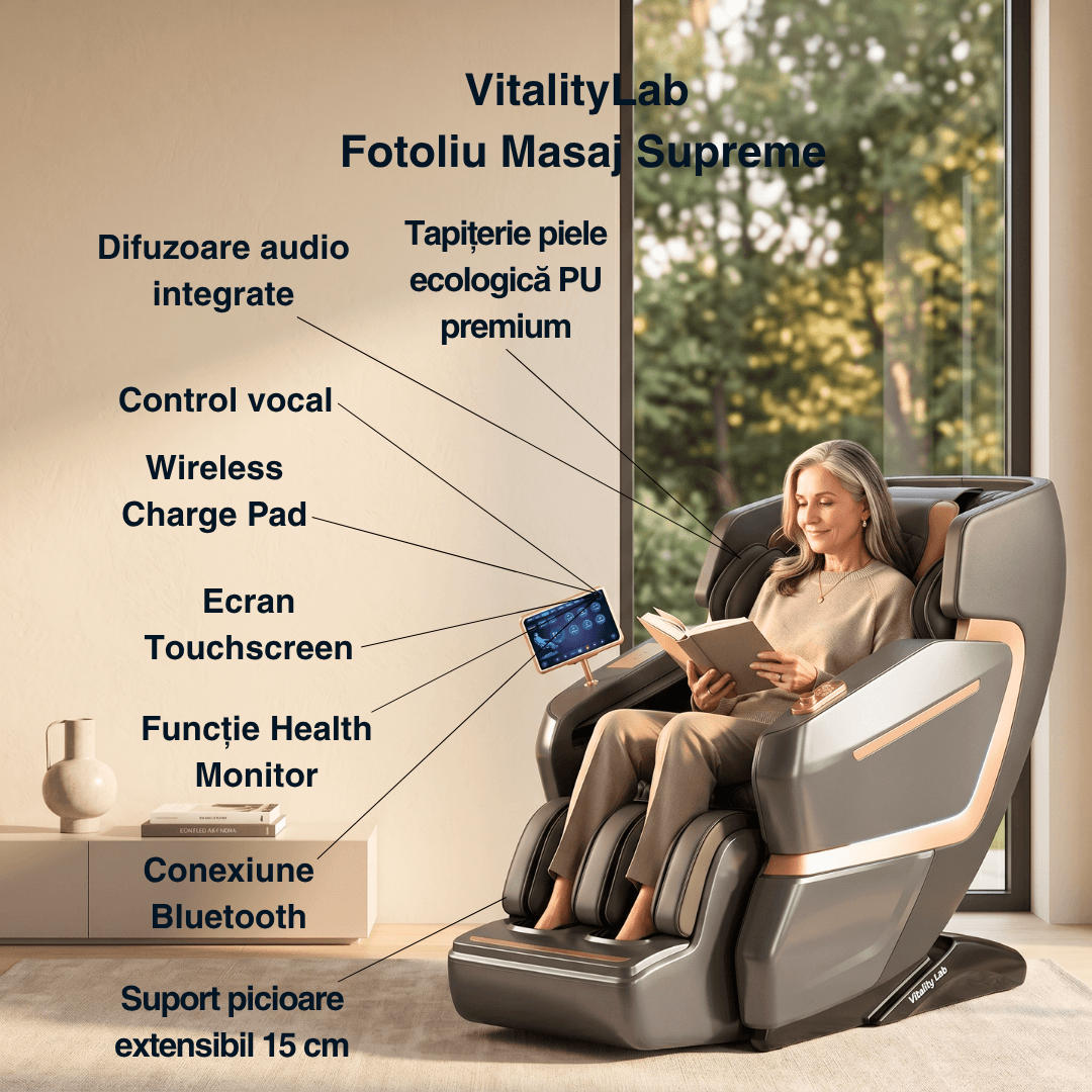 Fotoliu masaj Supreme Vitality Lab, scaun masaj 3D+, sina SL 135 cm, 20 programe automate, 20 tehnici manuale, 3 pozitii Zero Gravity, masaj terapeutic, reflexoterapie, incalzire, drenaj limfatic, ioni negativi, Health Monitor, Bluetooth