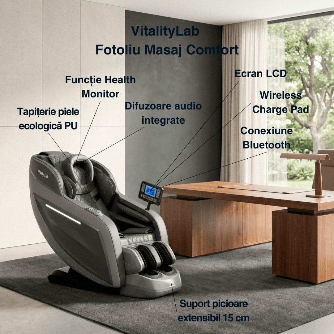 Fotoliu masaj Comfort Vitality Lab, scaun masaj 3D, sina SL long 150 cm, 20 programe automate, 6 tehnici manuale, masaj terapeutic, reflexoterapie, incalzire, drenaj limfatic, Zero Gravity, Health Monitor, Bluetooth