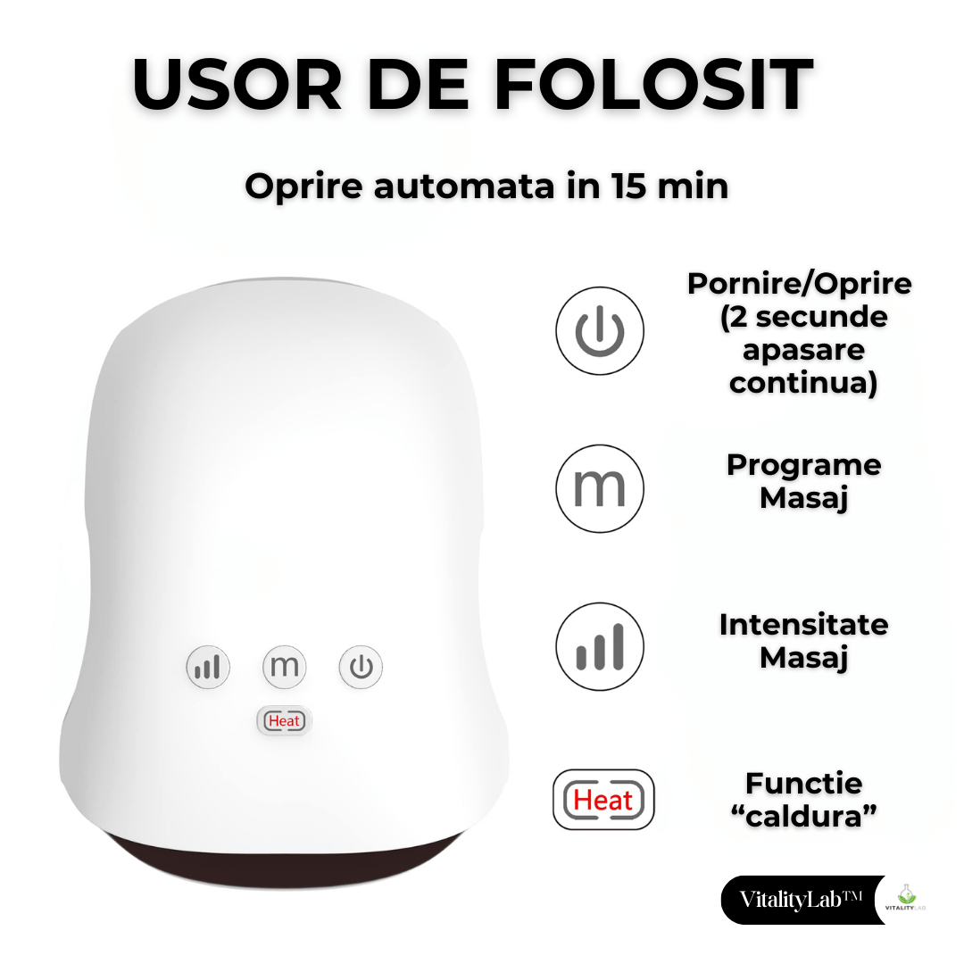 Aparat masaj maini Wireless Grip Vitality Lab, presopunctura si reflexoterapie maini, masaj terapeutic cu incalzire, 3 programe masaj, 3 niveluri intensitate masaj, artrita, dureri articulare, relaxare, artroza mainii
