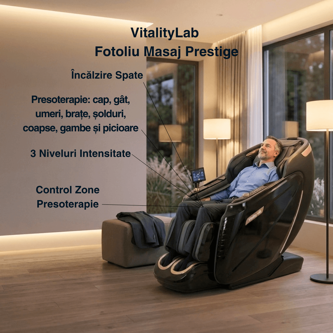 Fotoliu masaj Prestige Vitality Lab, scaun masaj 3D, robot inteligent dublu 4+6 role, sina SL 135 cm, 24 programe automate, 8 tehnici manuale, masaj terapeutic, reflexoterapie, incalzire, drenaj limfatic, Zero Gravity, Health Monitor, Bluetooth