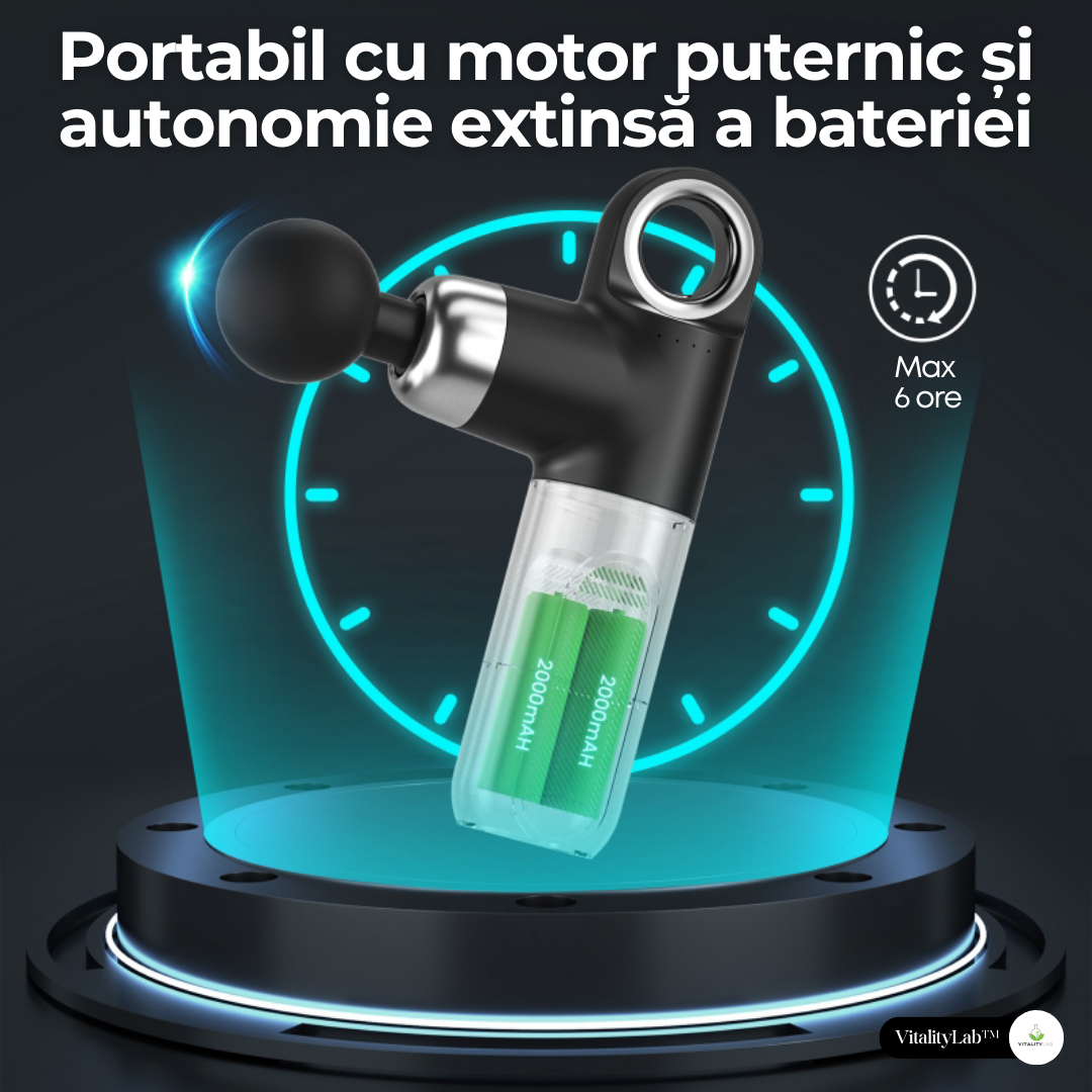 Aparat masaj Vitality Lab™ ImpactX tip pistol masaj, masaj terapeutic, 1600-3200 percutii/minut, 4000 mAh, 4 capete masaj recuperare, 4 trepte viteza, 4-6 ore de utilizare, motor silentios