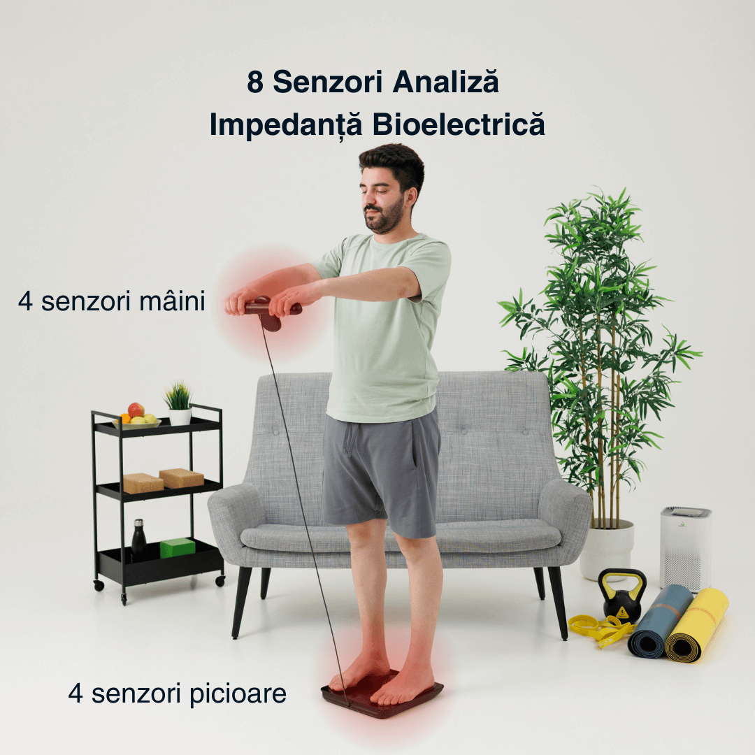 Cântar corporal inteligent Vitality Lab Pro Scan, 28 indicatori corporali, 8 senzori analiză impedanță bioelectrică, raport compoziție corporală, recunoaștere automată utilizator, display multifuncțional, integrare iOS/Android