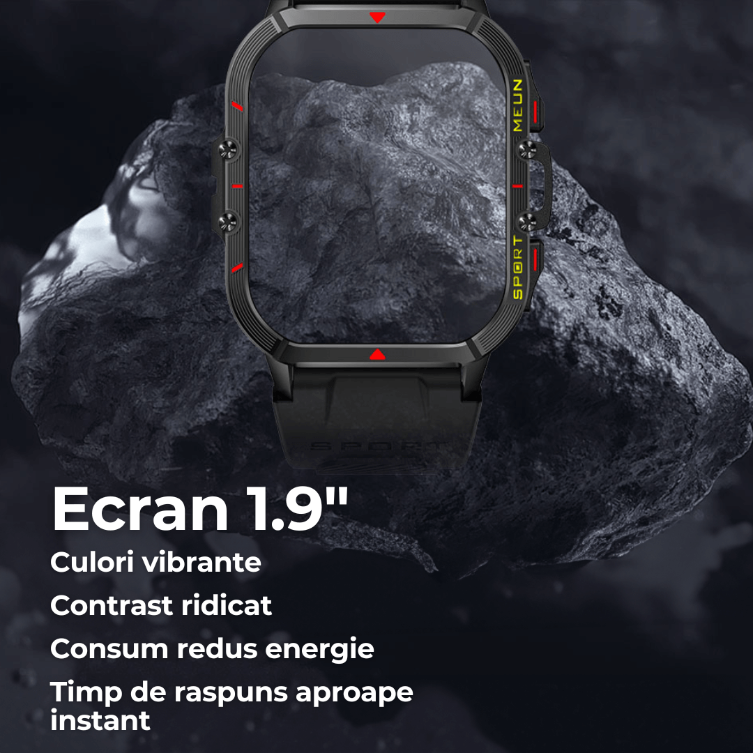 Ceas smartwatch TehnoLab™ Monolit – full touchscreen, 120+ sporturi, somn, stres, puls, tensiune, oxigen, apeluri Bluetooth, IP68, 20 zile