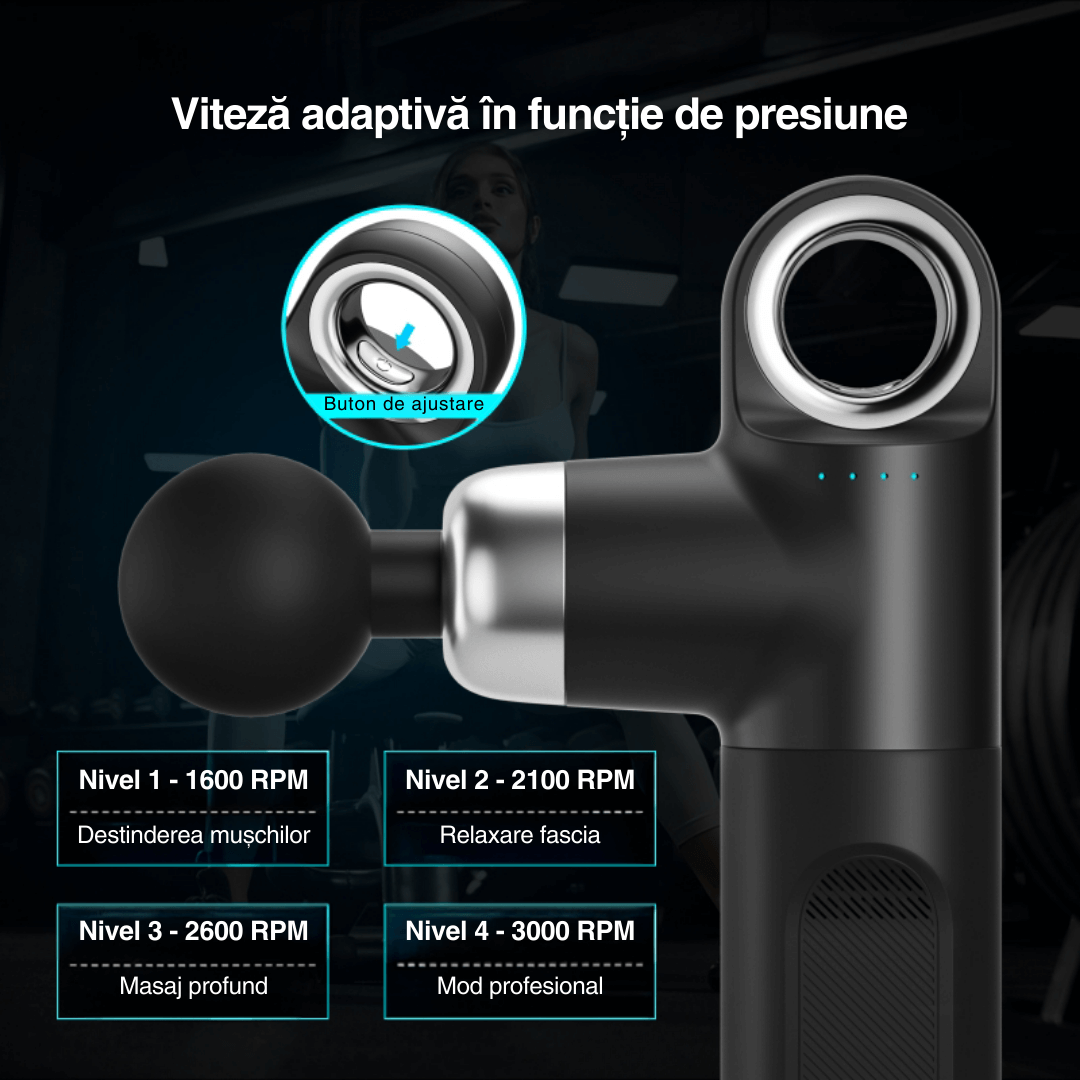 Aparat masaj Vitality Lab ImpactX tip pistol masaj, masaj terapeutic, 1600–3200 percuții/minut, 4000 mAh, 4 capete masaj recuperare, 4 trepte viteză, 4–6 ore de utilizare, motor silențios