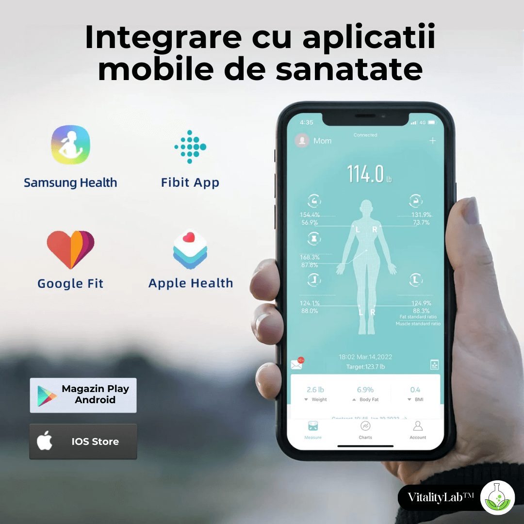 Cântar corporal inteligent Vitality Lab Smart, 14 indici corporali, 4 senzori analiză, calculator indice masă corporală, raport evoluție utilizator, număr de utilizatori nelimitat, integrare iOS/Android
