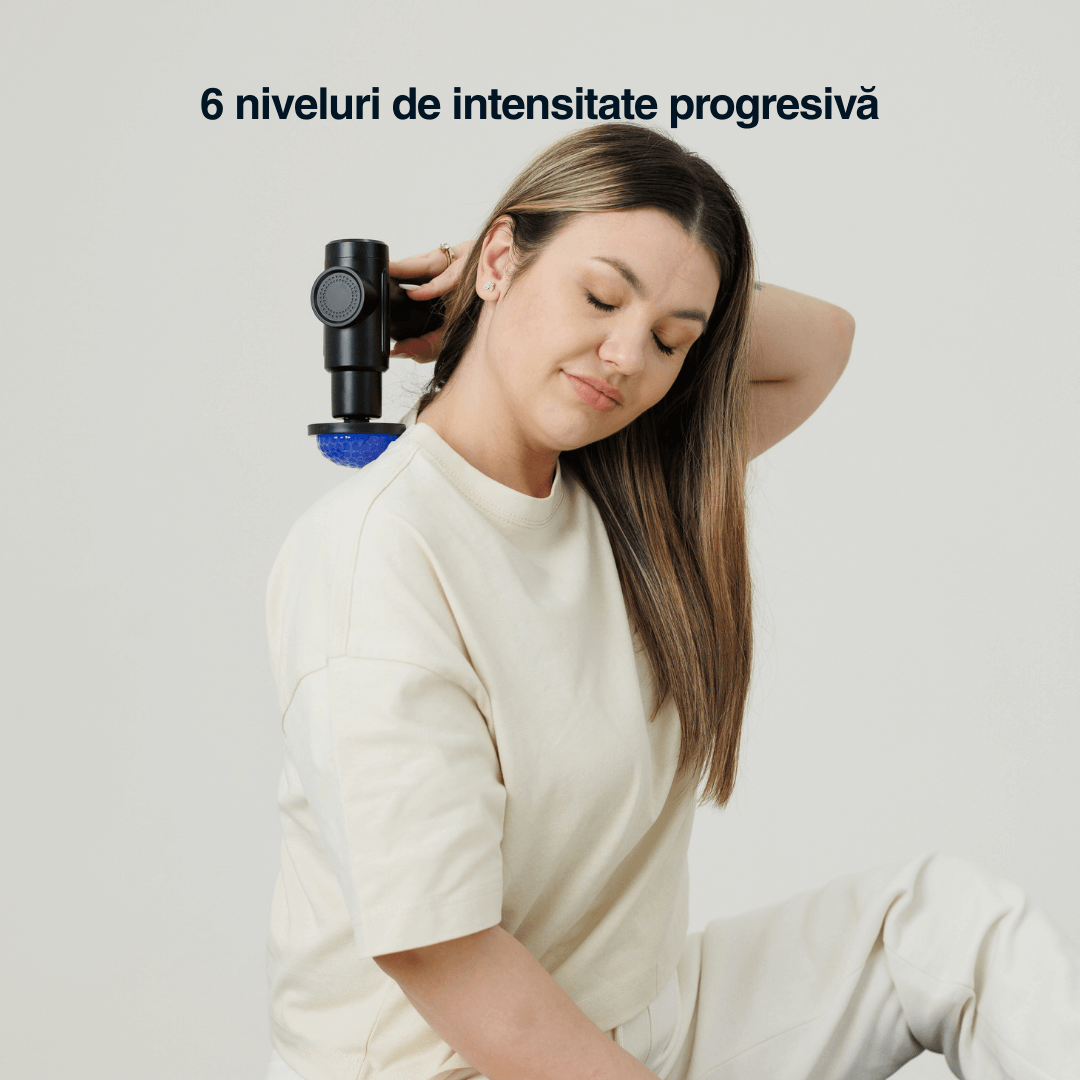 Aparat masaj Vitality Lab ThermoFlex tip pistol masaj, masaj terapeutic cald, masaj cu crioterapie, 2800-3800 percutii/minut, 6 capete masaj recuperare, 6 trepte viteză, motor silențios