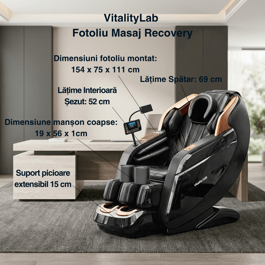 Fotoliu masaj Recovery Vitality Lab, scaun masaj 3D, sina SL 167 cm, 20 programe automate, 6 tehnici manuale, 22 camere de aer, role din jad, masaj terapeutic, reflexoterapie, incalzire, drenaj limfatic, ioni negativi, Zero Gravity, Bluetooth, max. 140 kg