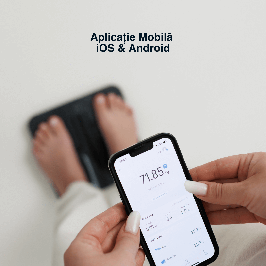 Cântar corporal inteligent Vitality Lab Smart, 14 indici corporali, 4 senzori analiză, calculator indice masă corporală, raport evoluție utilizator, număr de utilizatori nelimitat, integrare iOS/Android