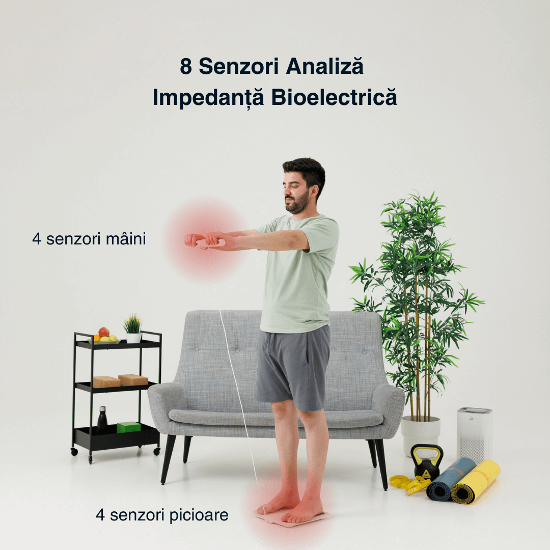 Cântar corporal inteligent Vitality Lab Professional, 18 indici corporali, 8 senzori analiză, calculator indice masă corporală, raport evoluție utilizator, număr de utilizatori nelimitat, integrare iOS/Android