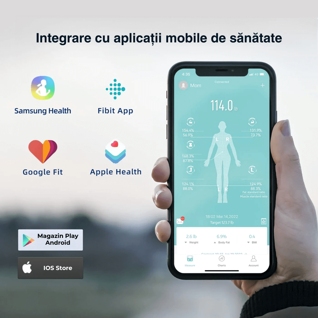 Cântar corporal inteligent Vitality Lab Smart, 14 indici corporali, 4 senzori analiză, calculator indice masă corporală, raport evoluție utilizator, număr de utilizatori nelimitat, integrare iOS/Android