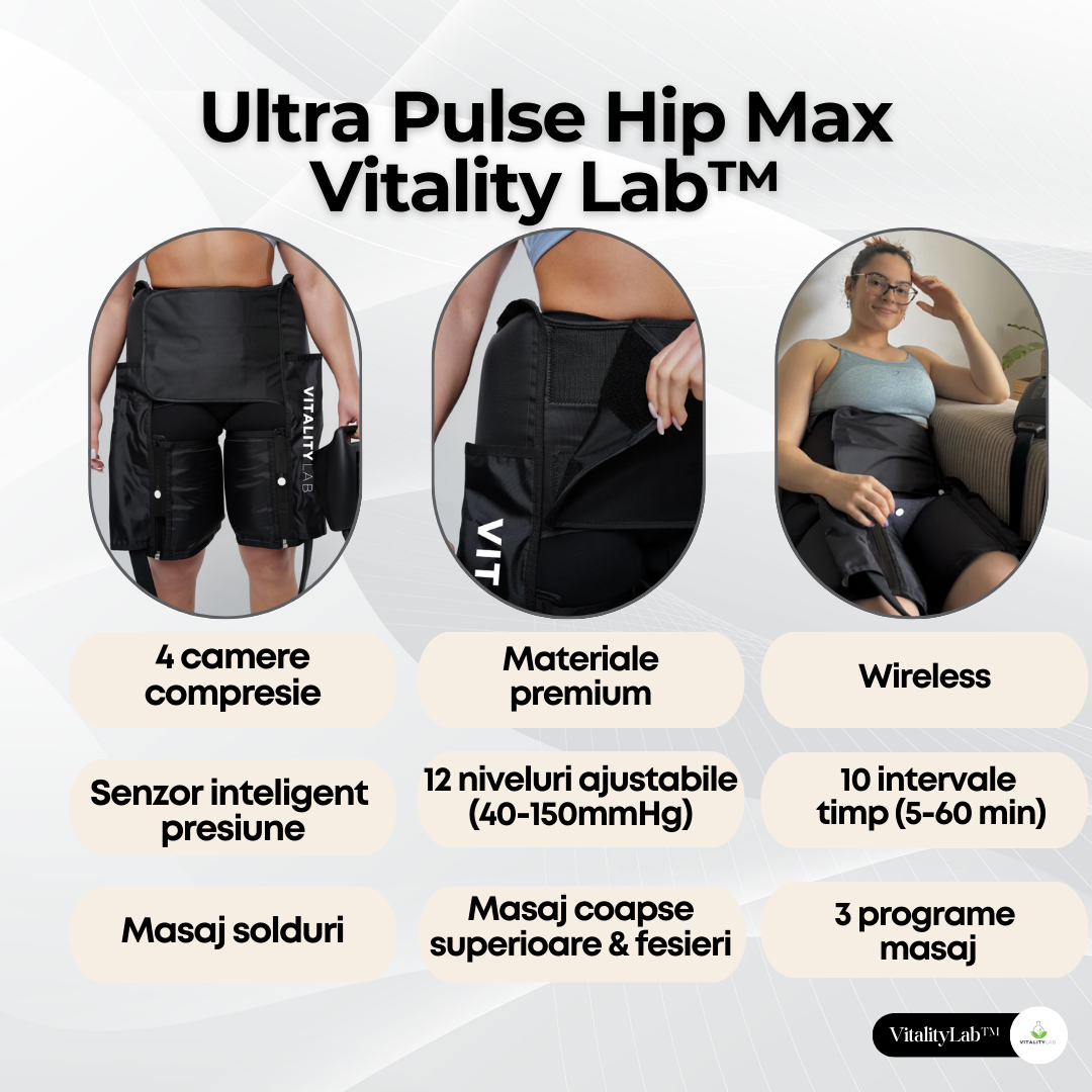 Aparat masaj solduri wireless Ultra Pulse Hip Max Vitality Lab™, presiune mare, masaj terapeutic, drenaj limfatic, 1 manson cu 4 camere compresie aer, 12 niveluri intensitate masaj coapse superioare, fesieri si solduri, masaj refacere musculara
