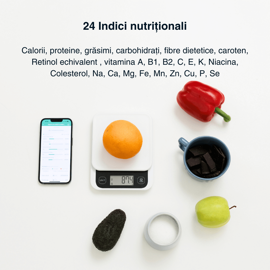 Cântar de bucătărie inteligent Vitality Lab Diet Pal, 24 indici nutriționali mâncare, calculator calorii, proteine, grăsimi, carbohidrați, colesterol, calcul calorii zilnic, aplicație iOS/Android, integrare Apple Health & Fitbit, alimentație sănătoasă
