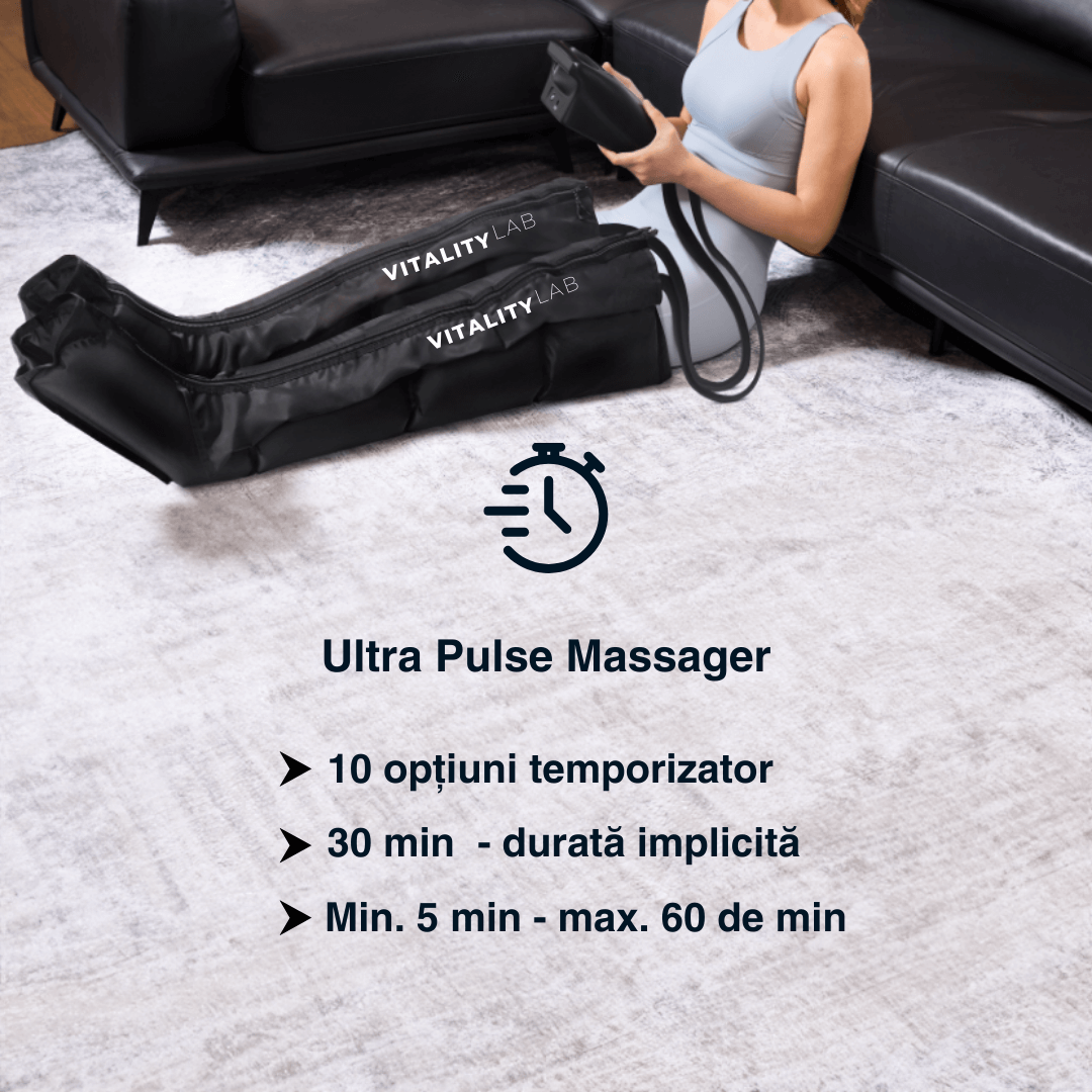 Aparat masaj picioare wireless Ultra Pulse Leg Max Vitality Lab, masaj presiune mare, masaj terapeutic, drenaj limfatic, 8 camere compresie aer, 12 niveluri intensitate masaj picioare, gambe și coapse, refacere musculară, relaxare circulator picioare