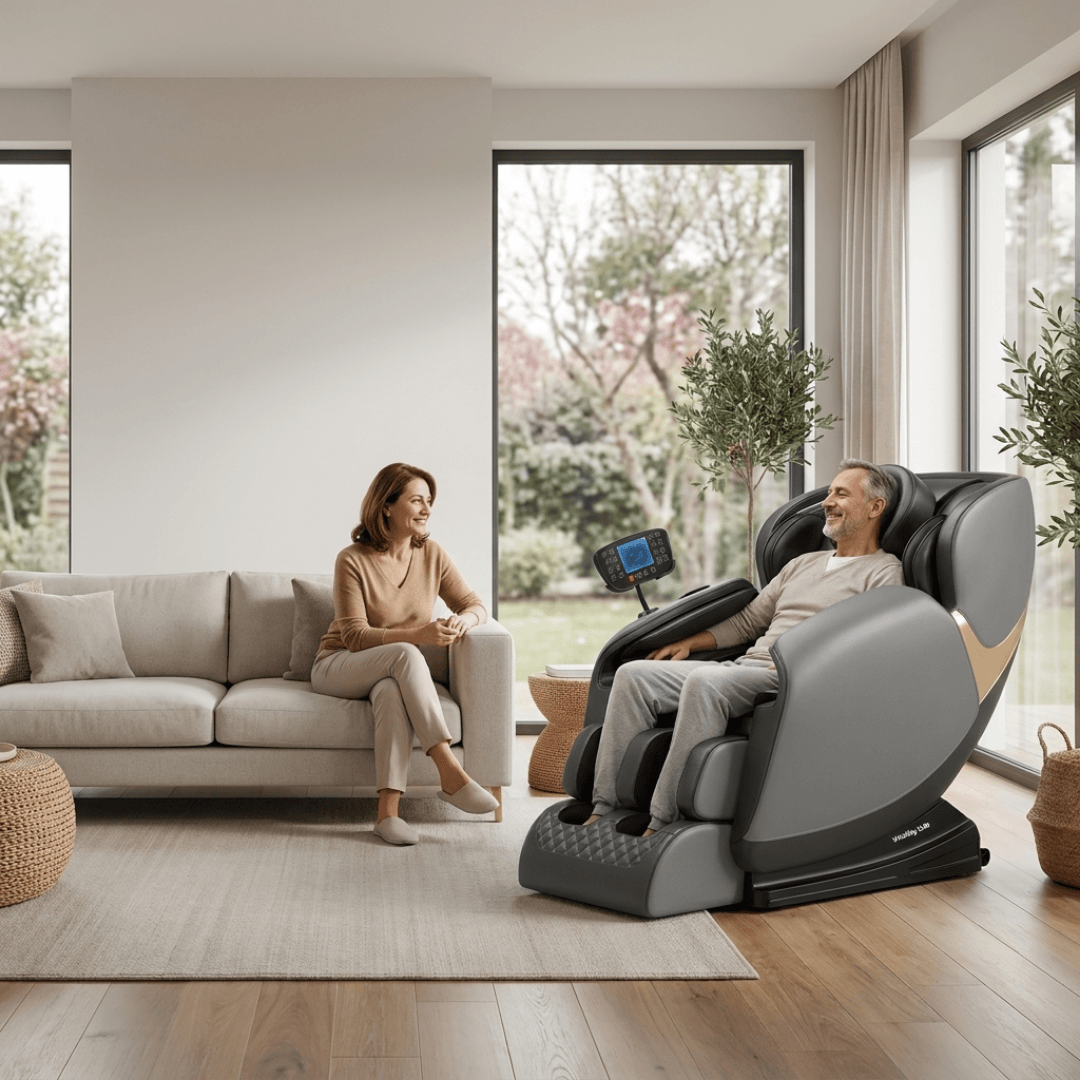 Fotoliu masaj Essential Vitality Lab, scaun masaj 2D, 20 programe automate, 2 tehnici masaj, 48 role, masaj terapeutic, reflexoterapie, incalzire, drenaj limfatic, Zero Gravity, Bluetooth