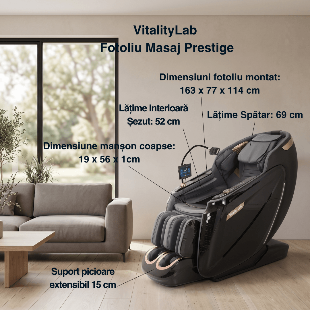 Fotoliu masaj Prestige Vitality Lab, scaun masaj 3D, robot inteligent dublu 4+6 role, sina SL 135 cm, 24 programe automate, 8 tehnici manuale, masaj terapeutic, reflexoterapie, incalzire, drenaj limfatic, Zero Gravity, Health Monitor, Bluetooth