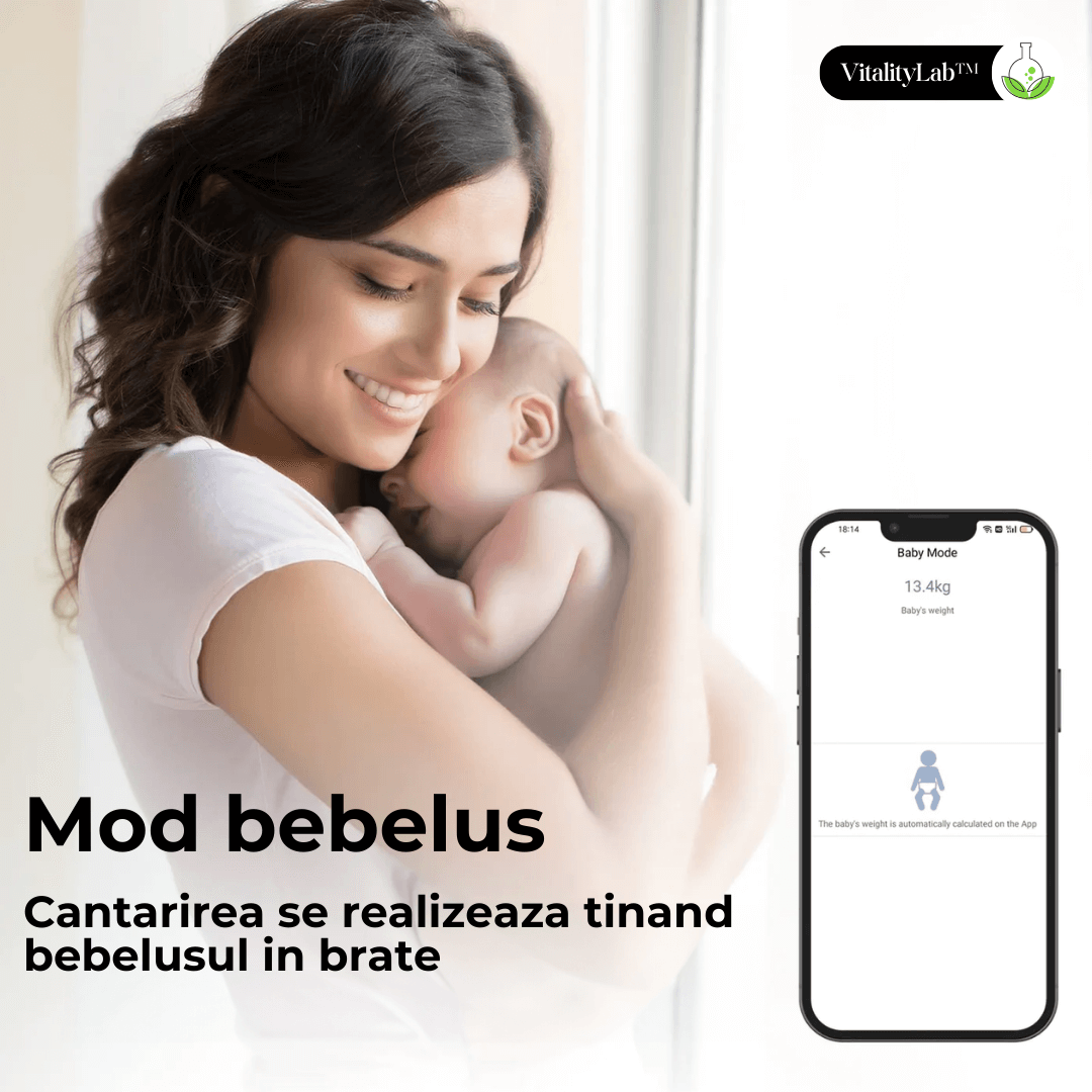 Cântar corporal inteligent Vitality Lab Smart, 14 indici corporali, 4 senzori analiză, calculator indice masă corporală, raport evoluție utilizator, număr de utilizatori nelimitat, integrare iOS/Android