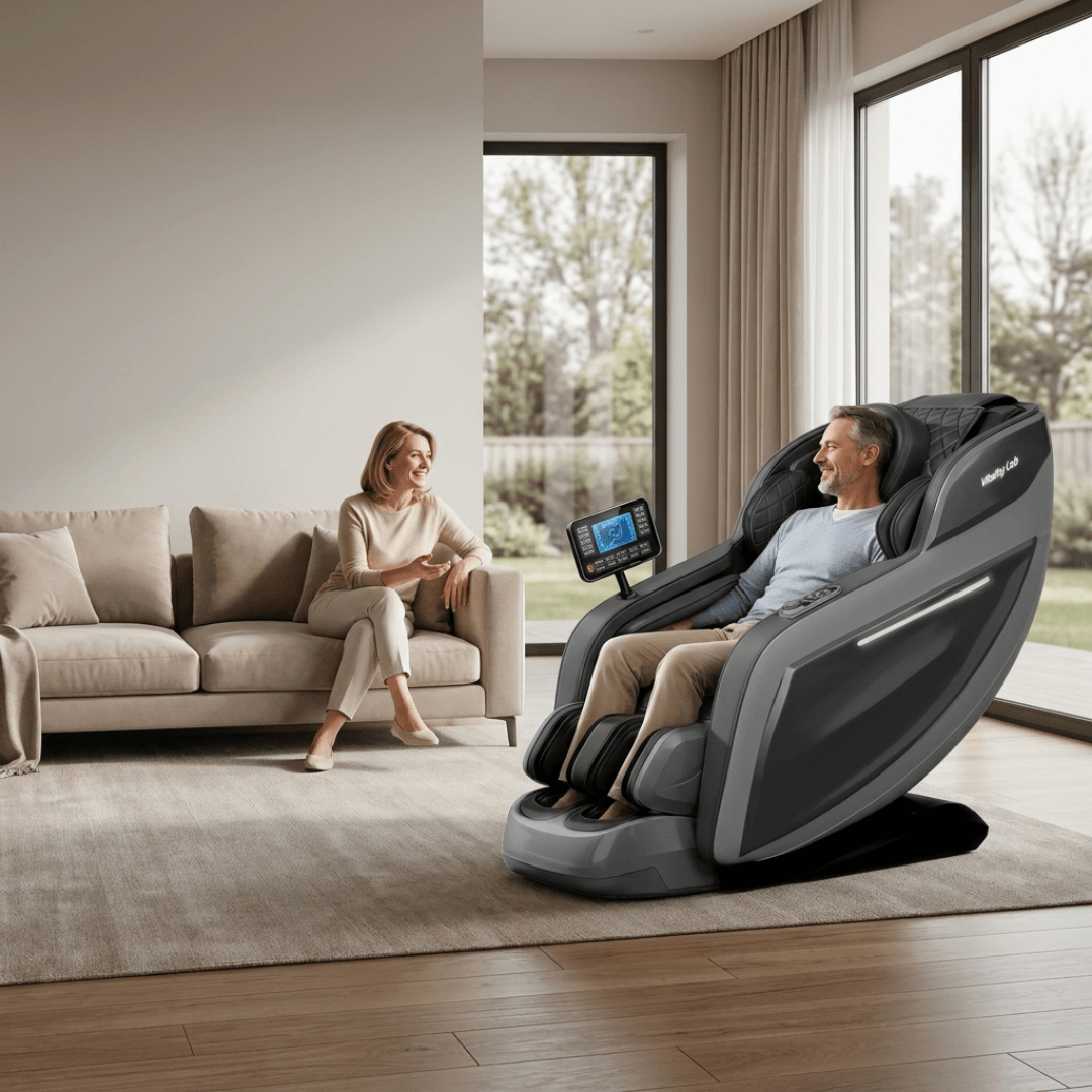 Fotoliu masaj Comfort Vitality Lab, scaun masaj 3D, sina SL long 150 cm, 20 programe automate, 6 tehnici manuale, masaj terapeutic, reflexoterapie, incalzire, drenaj limfatic, Zero Gravity, Health Monitor, Bluetooth