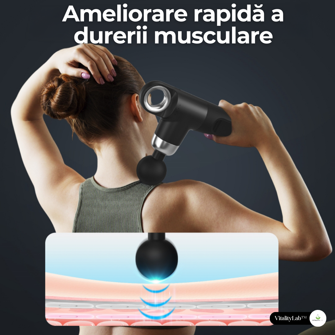 Aparat masaj Vitality Lab™ ImpactX tip pistol masaj, masaj terapeutic, 1600-3200 percutii/minut, 4000 mAh, 4 capete masaj recuperare, 4 trepte viteza, 4-6 ore de utilizare, motor silentios