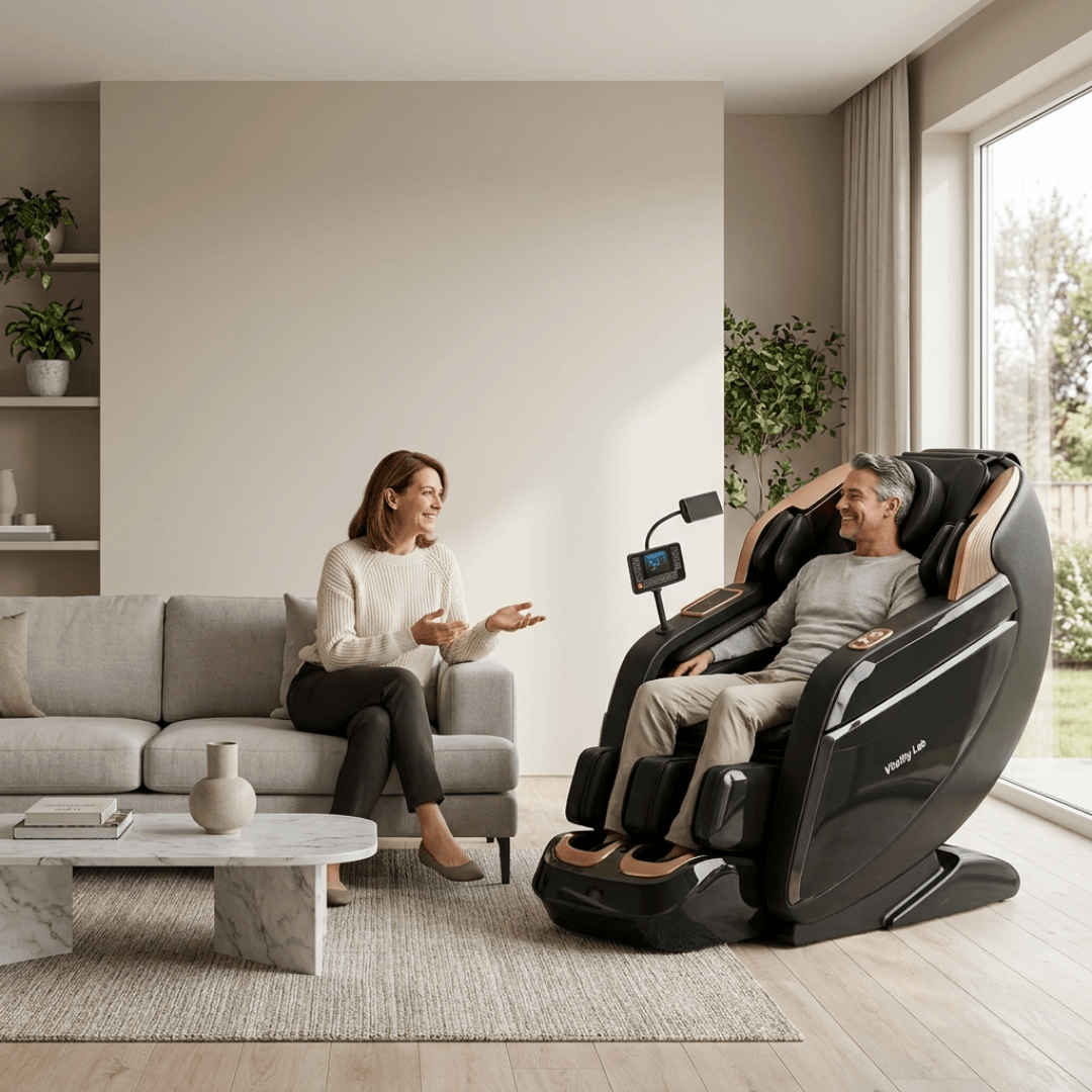 Fotoliu masaj Recovery Vitality Lab, scaun masaj 3D, sina SL 167 cm, 20 programe automate, 6 tehnici manuale, 22 camere de aer, role din jad, masaj terapeutic, reflexoterapie, incalzire, drenaj limfatic, ioni negativi, Zero Gravity, Bluetooth, max. 140 kg