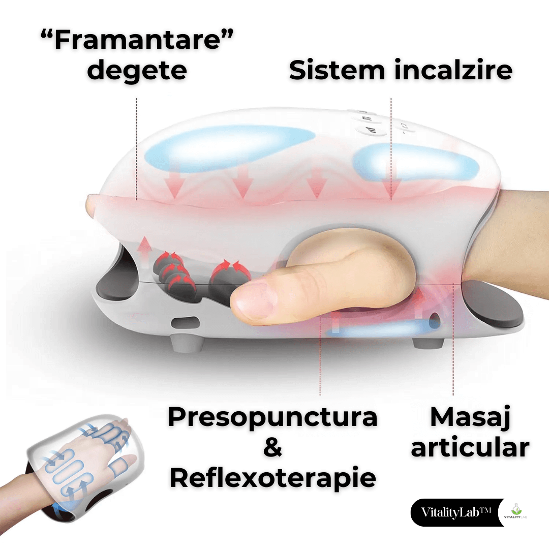 Aparat masaj maini Wireless Grip Vitality Lab, presopunctura si reflexoterapie maini, masaj terapeutic cu incalzire, 3 programe masaj, 3 niveluri intensitate masaj, artrita, dureri articulare, relaxare, artroza mainii