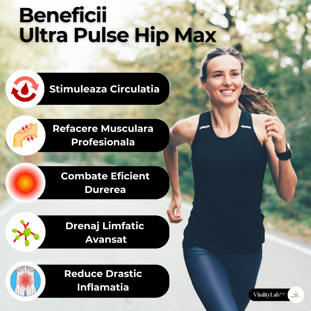 Aparat masaj solduri wireless Ultra Pulse Hip Max Vitality Lab™, presiune mare, masaj terapeutic, drenaj limfatic, 1 manson cu 4 camere compresie aer, 12 niveluri intensitate masaj coapse superioare, fesieri si solduri, masaj refacere musculara