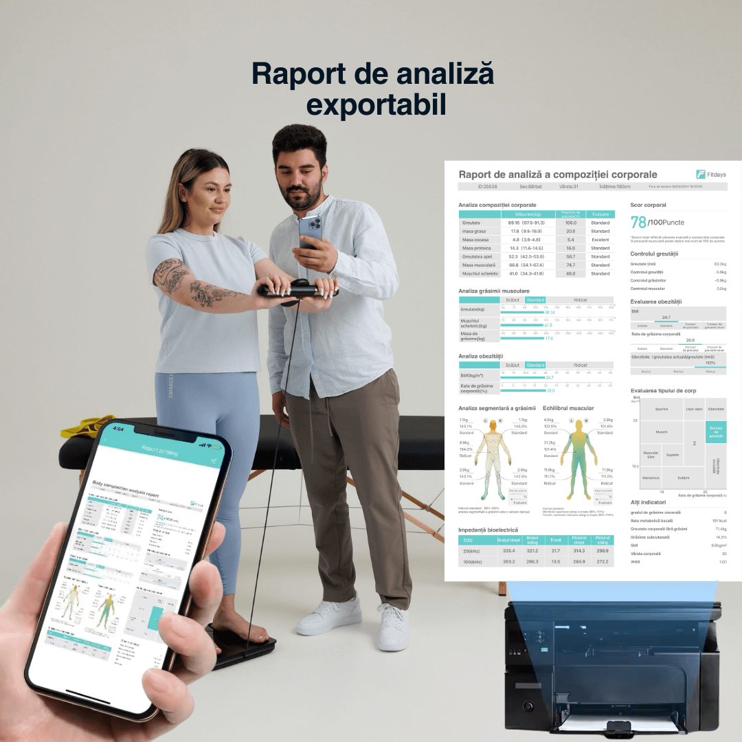 Cântar corporal inteligent Vitality Lab Pro Scan, 28 indicatori corporali, 8 senzori analiză impedanță bioelectrică, raport compoziție corporală, recunoaștere automată utilizator, display multifuncțional, integrare iOS/Android