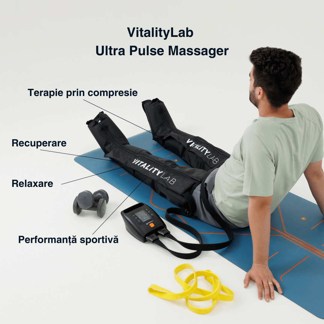 Aparat masaj picioare wireless Ultra Pulse Leg Max Vitality Lab, masaj presiune mare, masaj terapeutic, drenaj limfatic, 8 camere compresie aer, 12 niveluri intensitate masaj picioare, gambe și coapse, refacere musculară, relaxare circulator picioare