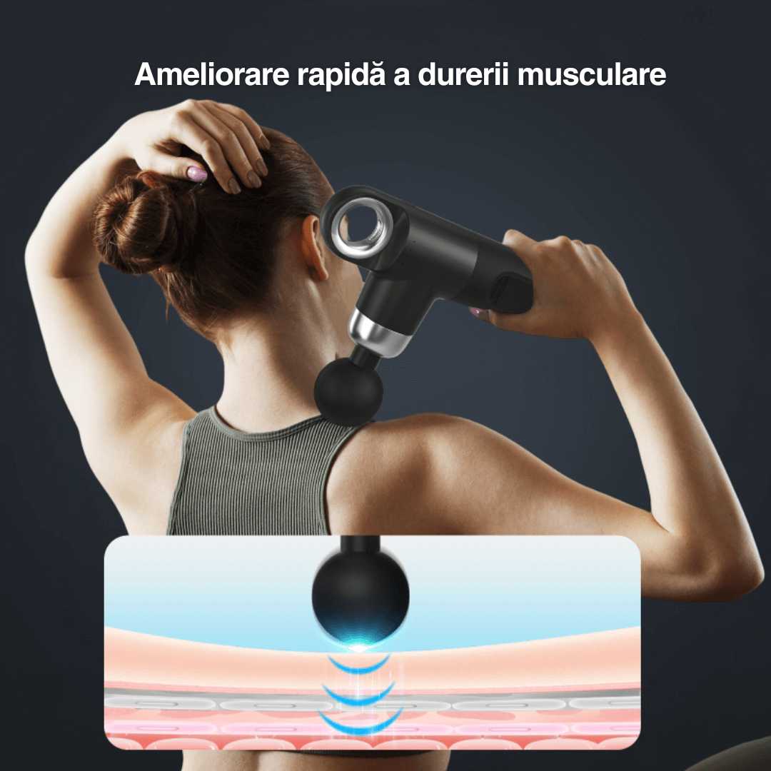 Aparat masaj Vitality Lab ImpactX tip pistol masaj, masaj terapeutic, 1600–3200 percuții/minut, 4000 mAh, 4 capete masaj recuperare, 4 trepte viteză, 4–6 ore de utilizare, motor silențios