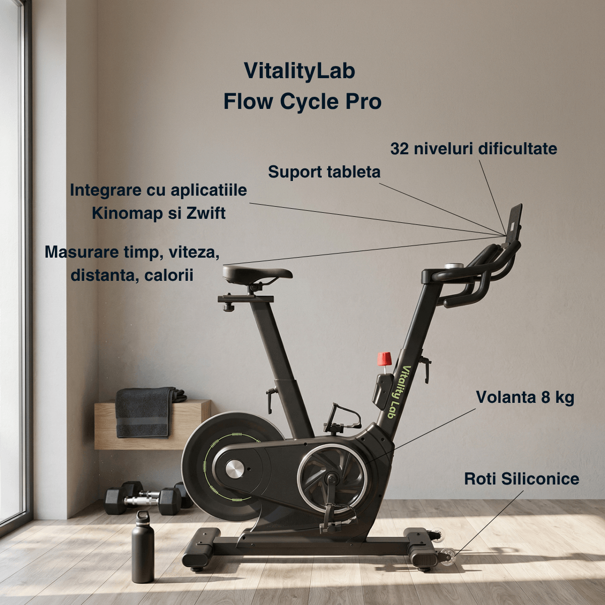 Bicicleta fitness spinning pedalare caracteristici Flow Cycle Max Vitality Lab