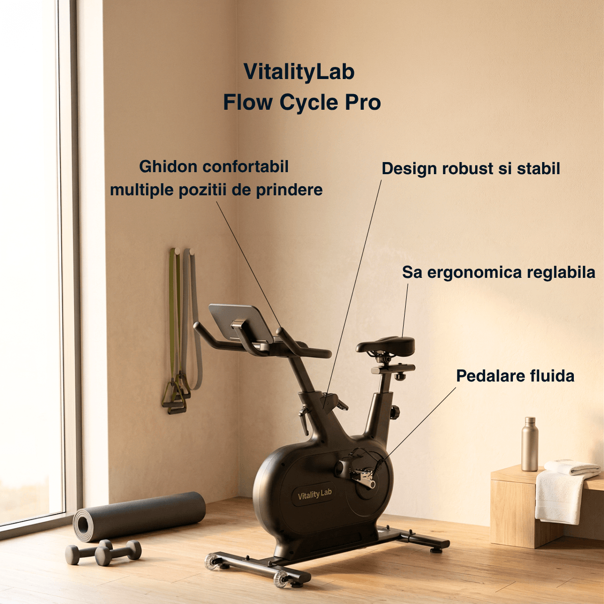 design ergonomic pedalare silentioasa ghidon confortabil Flow Cycle Pro Vitality lab