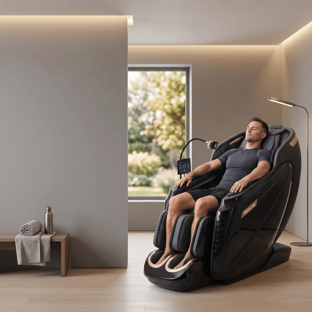 Fotoliu masaj Prestige Vitality Lab, scaun masaj 3D, robot inteligent dublu 4+6 role, sina SL 135 cm, 24 programe automate, 8 tehnici manuale, masaj terapeutic, reflexoterapie, incalzire, drenaj limfatic, Zero Gravity, Health Monitor, Bluetooth