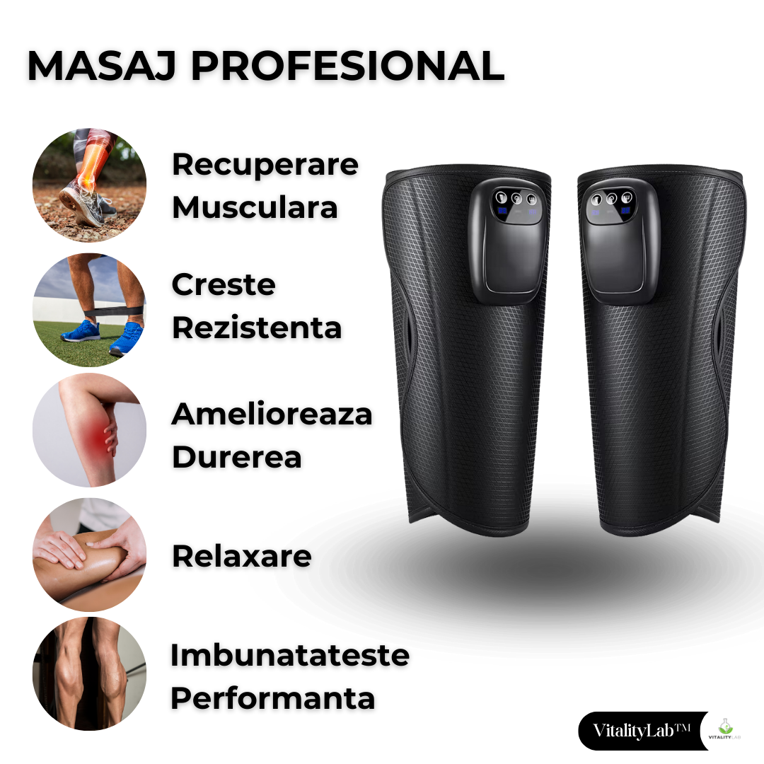 Aparat masaj picioare si maini wireless Easy Vitality Lab™, masaj terapeutic, drenaj limfatic, 3 programe masaj, 3 niveluri intensitate, masaj refacere musculara, relaxare, masaj circulator, dureri si inflamatie