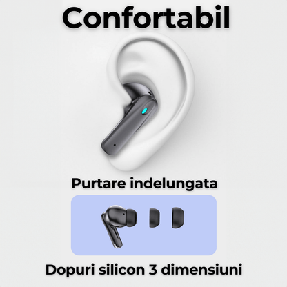 Casti wireless TehnoLab™ Pro, izolare fonica activa ANC, anularea zgomotului ENC dublu, calitate sunet HiFi lossless, heavy bass, rezistente la apa IPX7, fara fir, microfon incorporat, sport, gaming, Bluetooth 5.3, 25 ore autonomie