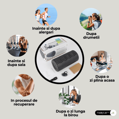 Rola masaj terapeutic Vitality Lab™, vibromasaj, 4 niveluri de intensitate, recuperare dureri lombare, masaj cervical, refacere musculara, circulatie sanguina, eliberare miofasciala, control wireless, incarcare USB C