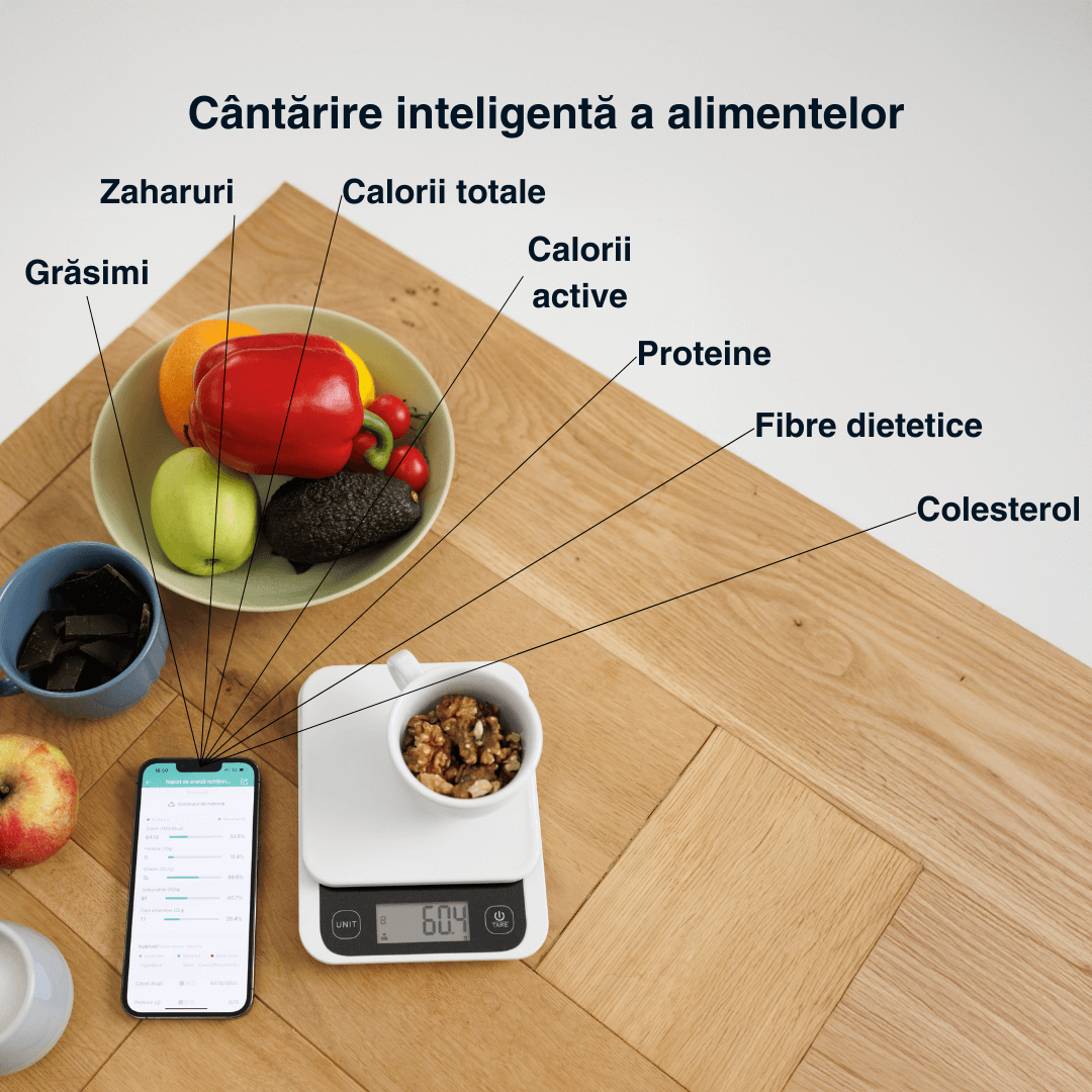 Cântar de bucătărie inteligent Vitality Lab Diet Pal, 24 indici nutriționali mâncare, calculator calorii, proteine, grăsimi, carbohidrați, colesterol, calcul calorii zilnic, aplicație iOS/Android, integrare Apple Health & Fitbit, alimentație sănătoasă