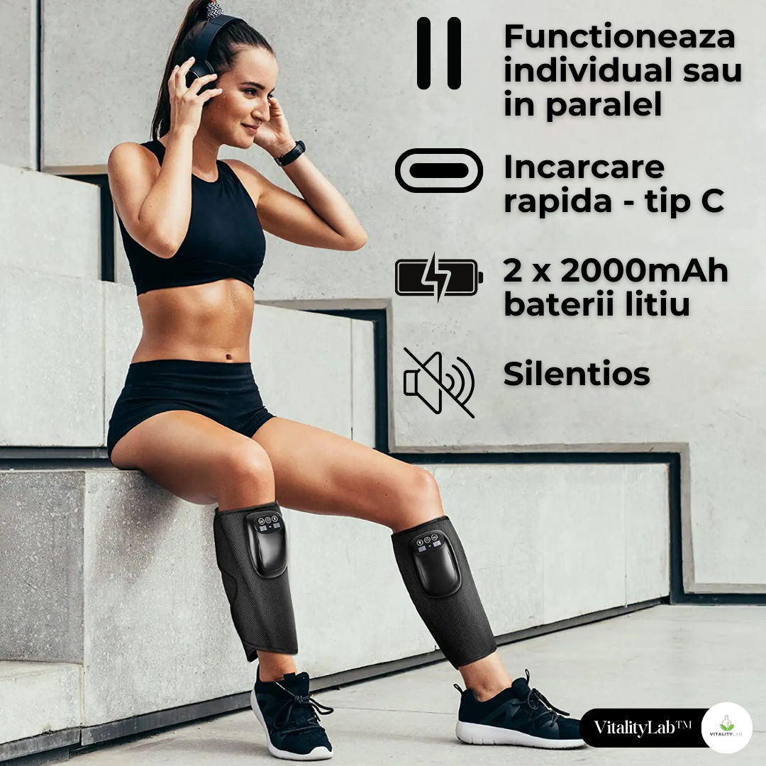 Aparat masaj picioare si maini wireless Easy Vitality Lab™, masaj terapeutic, drenaj limfatic, 3 programe masaj, 3 niveluri intensitate, masaj refacere musculara, relaxare, masaj circulator, dureri si inflamatie