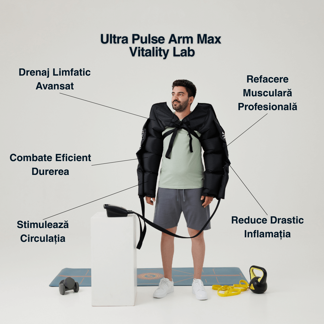 Aparat masaj brațe wireless Ultra Pulse Arm Max Vitality Lab – 2 manșoane cu 4 camere, 12 niveluri, presiune mare, drenaj limfatic, refacere musculară