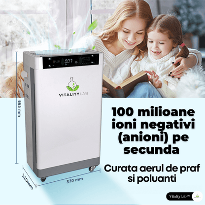 Purificator aer Vitality Lab™ Pure Flow – 80 m², CADR 600, HEPA + carbon, UV-C + ozon, senzor PM2.5, ionizare, WiFi smart, higrometru, termometru
