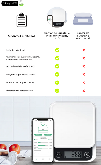 Cantar de bucatarie inteligent Vitality Lab™ Diet Pal, 24 indici nutritionali mancare, calculator calorii, proteine, grasimi, carbohidrati, colesterol, calcul calorii zilnic, aplicatie IOS/Android, integrare Apple Health & Fitbit, alimentatie sanatoasa