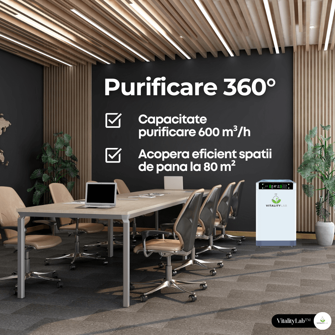 Purificator aer Vitality Lab™ Pure Flow – 80 m², CADR 600, HEPA + carbon, UV-C + ozon, senzor PM2.5, ionizare, WiFi smart, higrometru, termometru