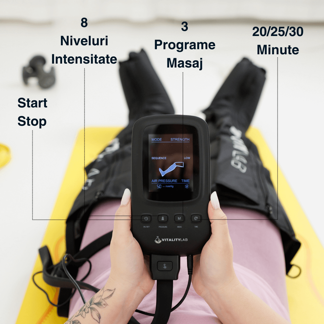 Aparat masaj picioare Ultimate Massager Vitality Lab, masaj terapeutic, drenaj limfatic, 8 camere compresie cu aer, 8 niveluri intensitate masaj picioare, gambe și coapse, masaj refacere musculara, masaj relaxare circulator, dureri și inflamație picioare