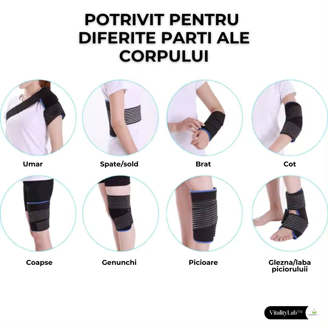 Compresa universala crioterapie Vitality Lab™, manson flexibil 6 compartimente cu gel crioterapie, 2 trepte de racire, prindere velcro, flexibil, adaptabil pentru cot, genunchi, umar, glezna, sold, spate, brate, picioare, gat