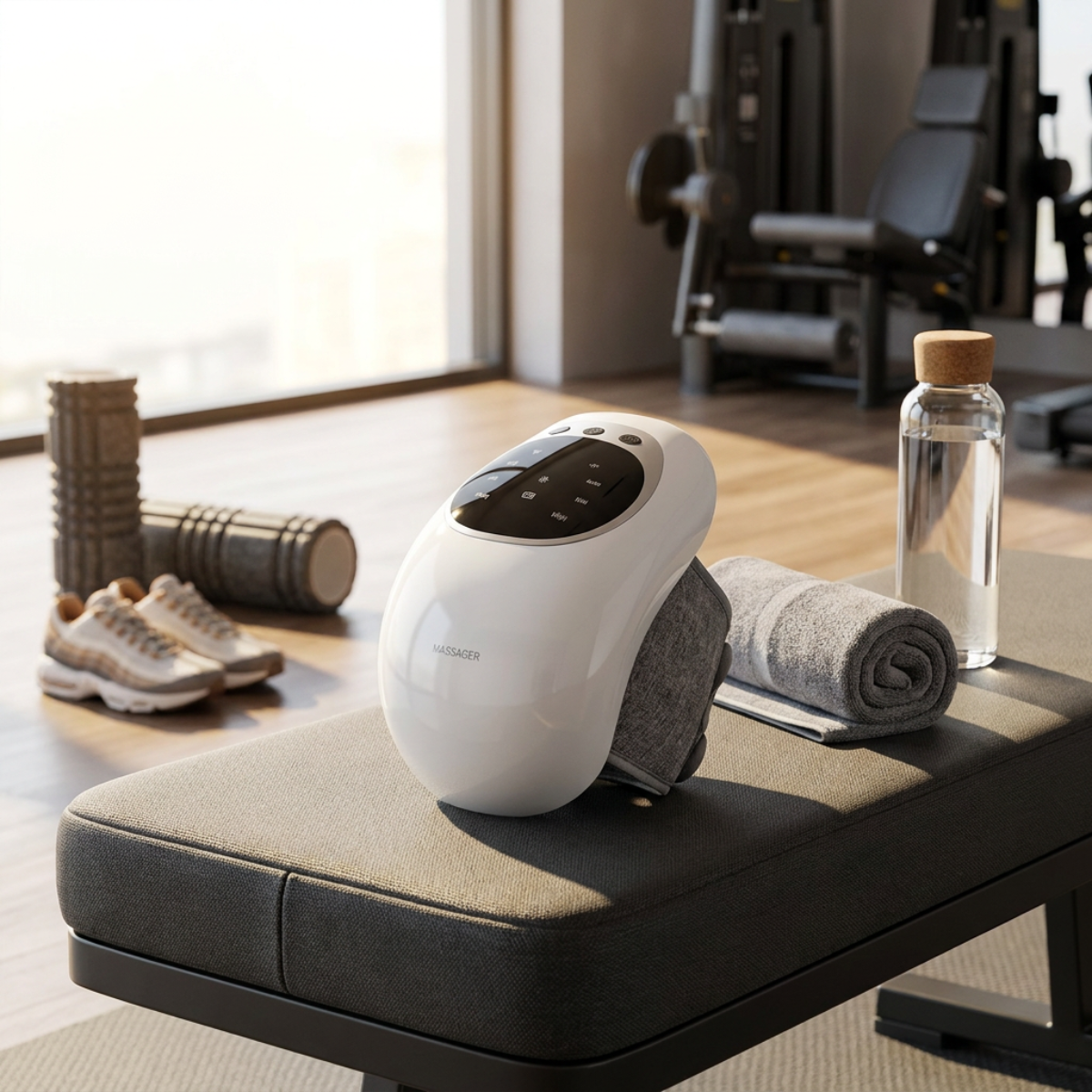 Aparat masaj genunchi Knee Comfort Vitality Lab, aparat de masaj pentru genunchi cu incalzire, vibratii si terapie cu lumina rosie, 3 moduri vibratii, 3 niveluri incalzire, baterie 2000 mAh, incarcare Type-C, masaj relaxare si confort articular