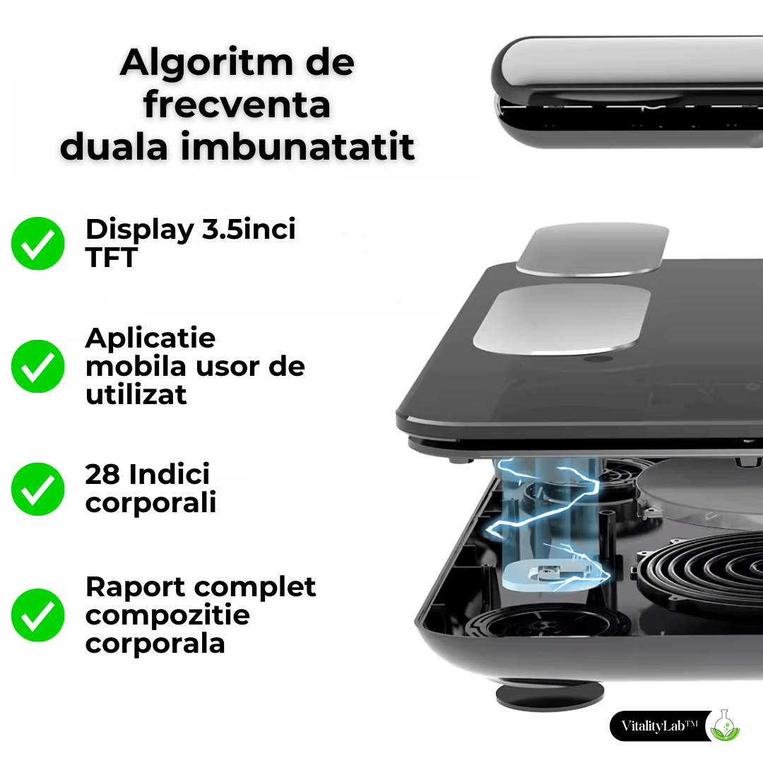 Cantar corporal inteligent Vitality Lab™ Pro Scan, 28 indicatori corporali, 8 senzori analiza impedanta bioelectrica, raport compozitie corporala, recunoastere automata utilizator, display multifunctional, integrare IOS/Android