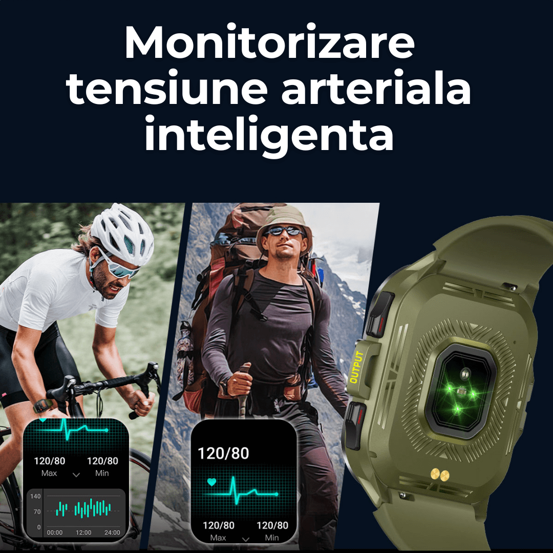 Ceas smartwatch TehnoLab™ Monolit, ceas inteligent fitness, monitorizare 120+ sporturi, monitorizare somn, nivel stres, termometru, pedometru, pulsometru, tensiometru, oximetru, apeluri Bluetooth, rezistent IP68, full touchscreen, autonomie 20 zile