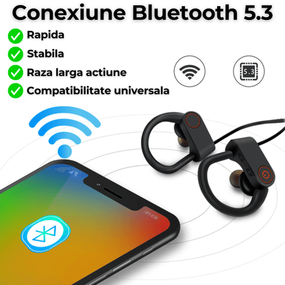 Casti wireless TehnoLab™ Sport, izolare fonica activa ANC, calitate sunet HiFi, rezistente la apa IPX5, HQ bass, fara fir, cu microfon, sport, Bluetooth 5.3, 20 ore autonomie