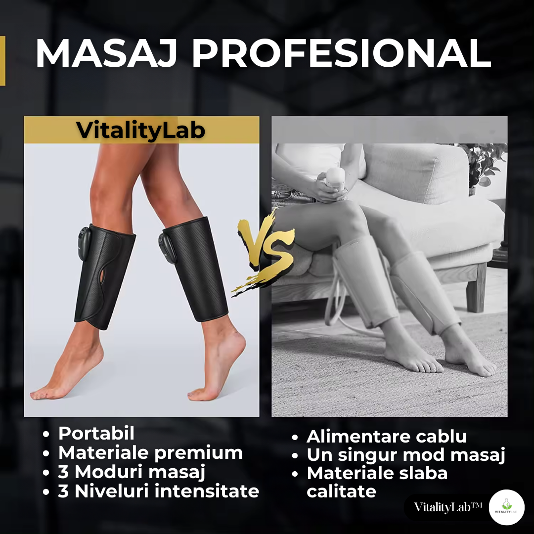 Aparat masaj picioare si maini wireless Easy Vitality Lab™, masaj terapeutic, drenaj limfatic, 3 programe masaj, 3 niveluri intensitate, masaj refacere musculara, relaxare, masaj circulator, dureri si inflamatie